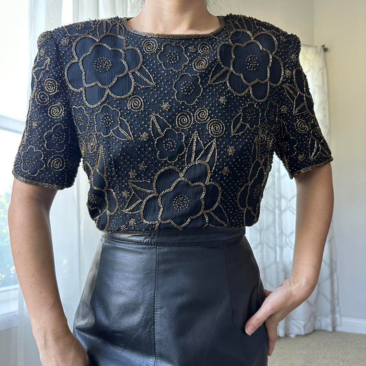 Leslie Fay Women's Black and Gold Blouse