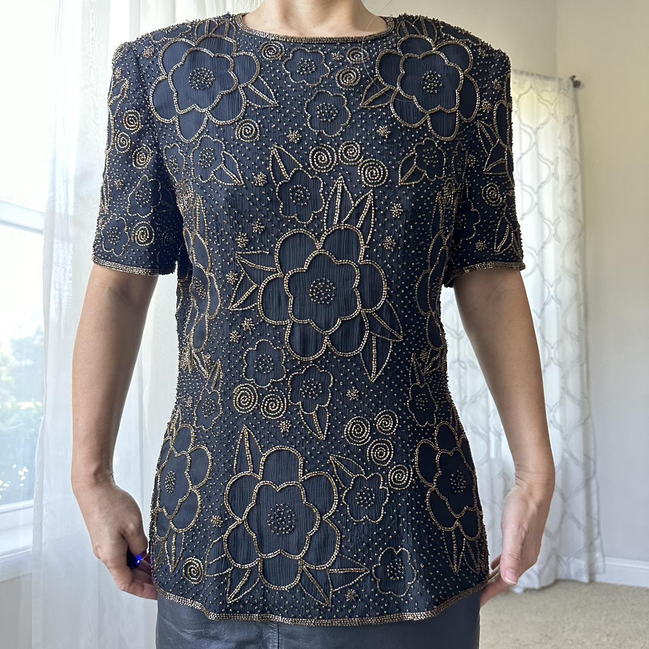 Leslie Fay Women's Black and Gold Blouse