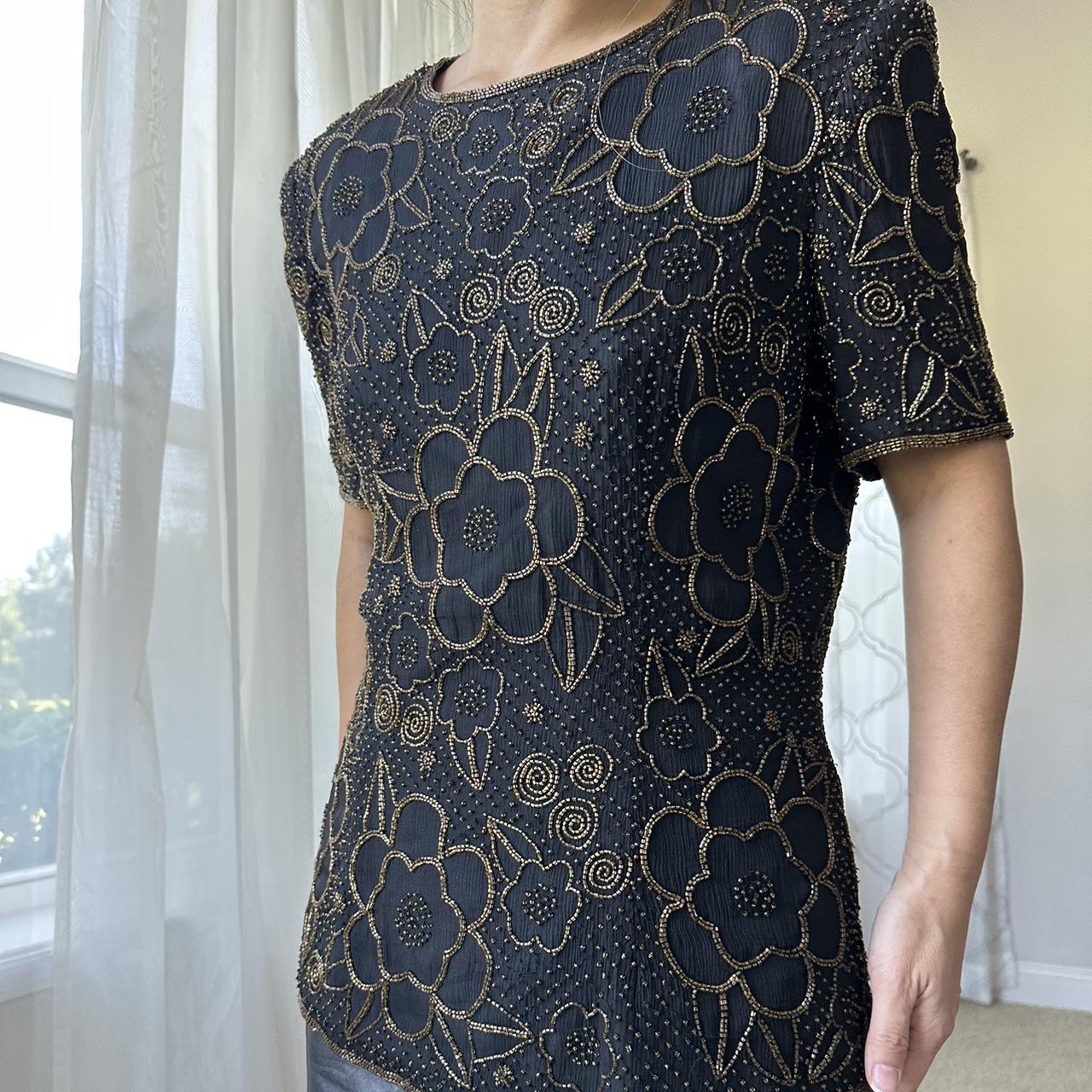 Leslie Fay Women's Black and Gold Blouse