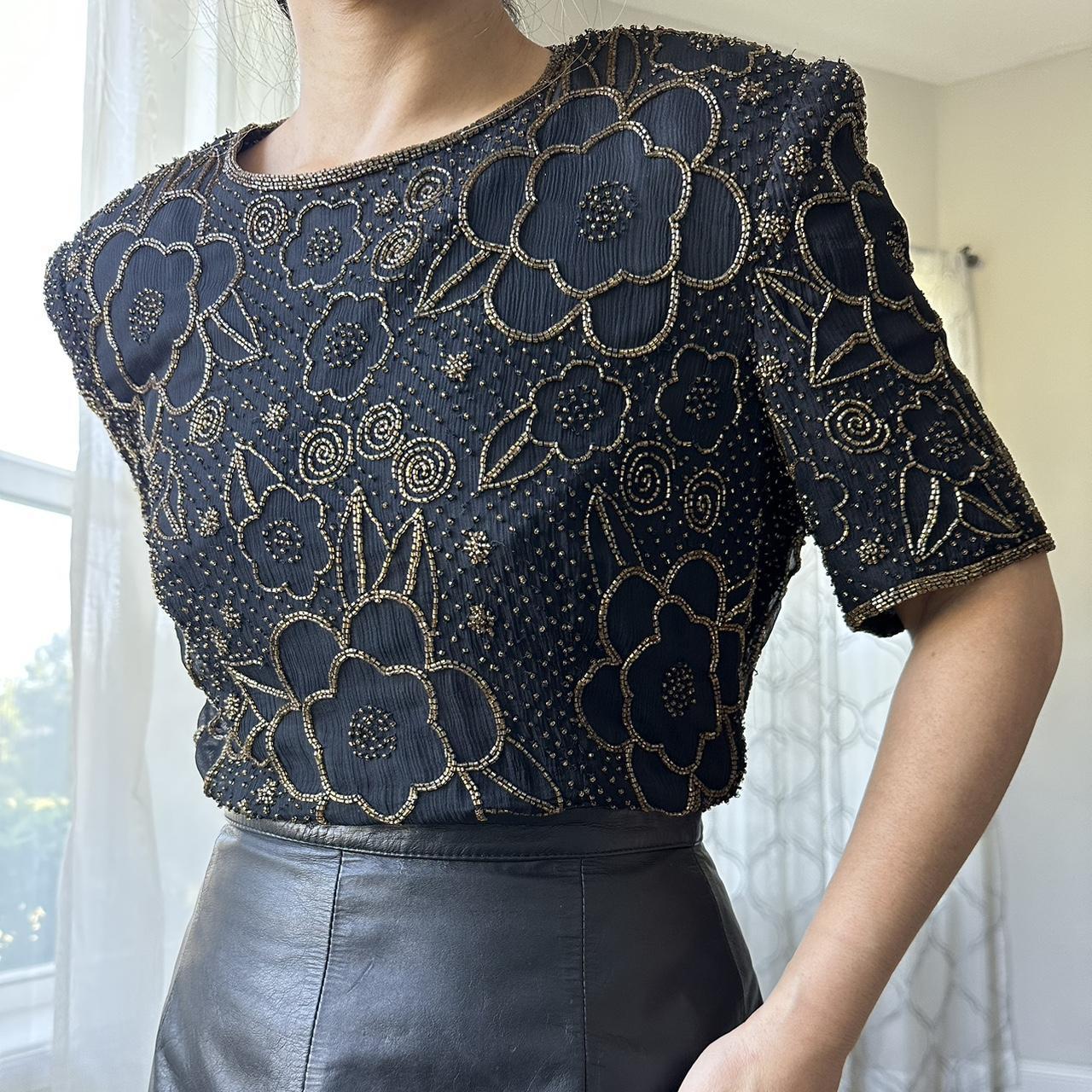 Leslie Fay Women's Black and Gold Blouse