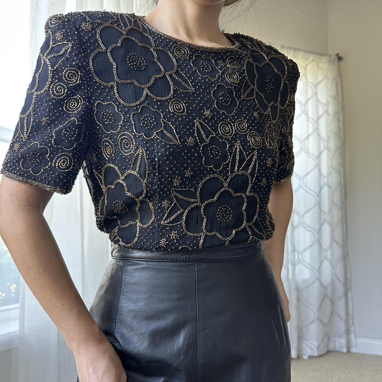 Leslie Fay Women's Black and Gold Blouse